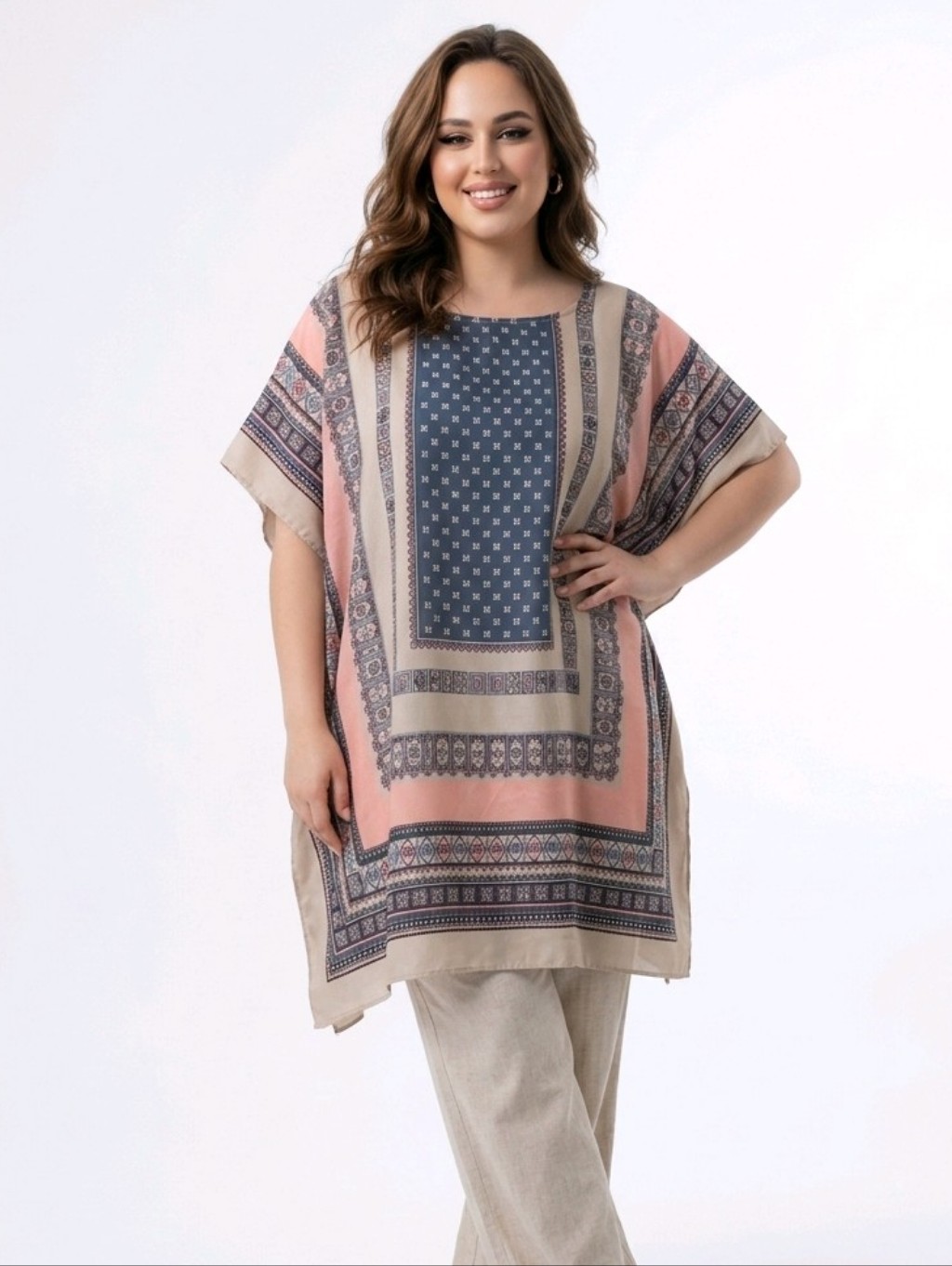 Plus Size Pink & Blue Printed Tunic Top